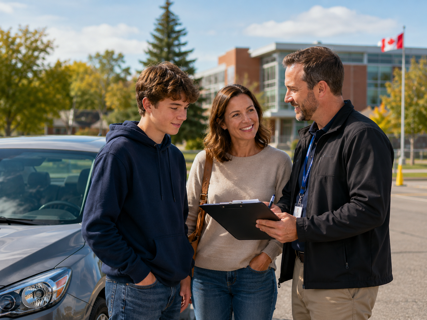 Driving school instructor speaking with a teen and parent