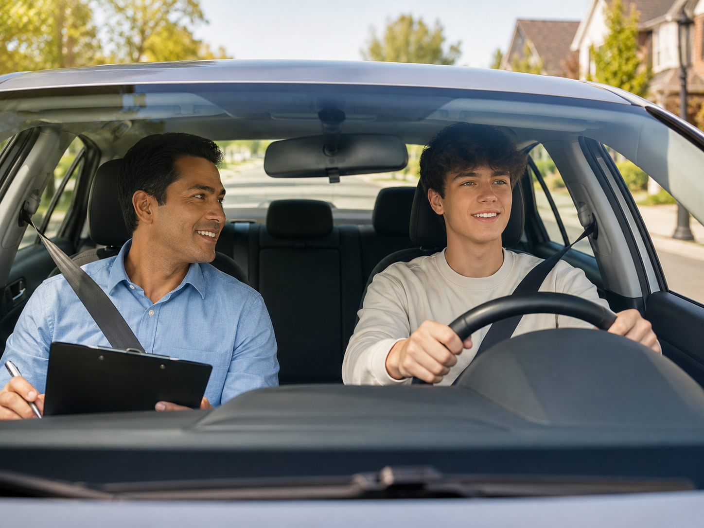 Teen learning to drive with an instructor in a car